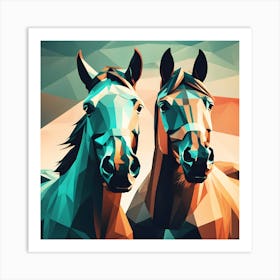 Two Horses In Teal And Orange Polyart Art Print