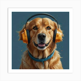 Golden Retriever With Headphones Art Print