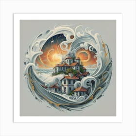 Mountain village sea waves tsunami 4 Art Print