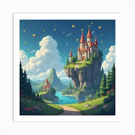 Whimsical Fantasy Scene With Floating Castles And Stars 1 Art Print