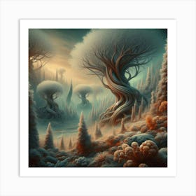 Jacek Yerka's Brushstrokes Meet AI: Generate Mesmerizing Winter Trees. Art Print