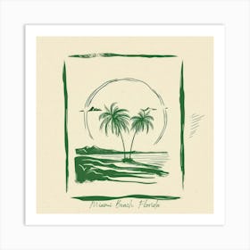 Miami Beach, Florida Green Line Art Illustration Art Print