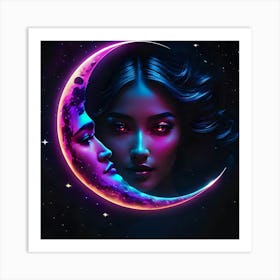 Moon And A Woman Art Print