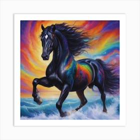 Black Horse With Rainbow In Sky Art Print