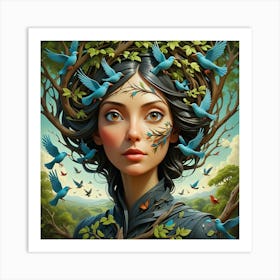 Girl With Birds On Her Head Art Print