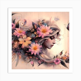 Girl With Flowers And Butterflies Art Print