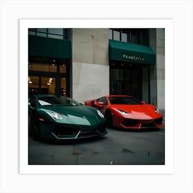 A Dark Green Lamborghini And Red Lamborghini Art Print