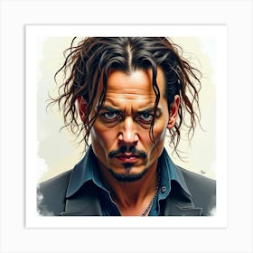 Energetic Watercolor Portrayal Of Johnny Depp With Intense, Moody Lighting Art Print