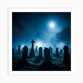 Cemetery Scene On A Halloween Night With Fog And Ghostly Silhouettes Against The Night Sky Haunted (2) Art Print