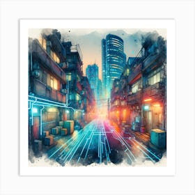 A Nano Neon Futuristic Street Scene. Art Print