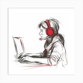 Girl Using A Laptop Art Print