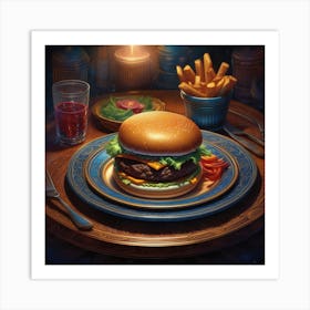 Burger On Plate On Table Centered Symmetry Painted Intricate Volumetric Lighting Beautiful Ri (4) Art Print