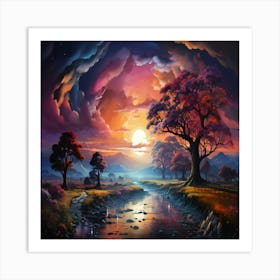 Sunset Over A River Art Print Art Print