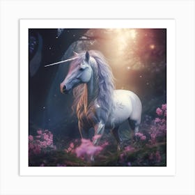 white unicorn with a long mane in a mystical fairytale forest, mountain dew, fantasy, mystical forest, fairytale, beautiful, purple pink and blue tones, dark yet enticing, Nikon Z8 2 Art Print