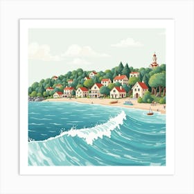 Charming Seaside Village With Soft, Watercolor Waves 1 Art Print