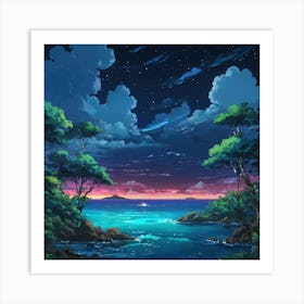 Tranquil Tropical Cove Under a Starry Night Sky at Dusk Art Print