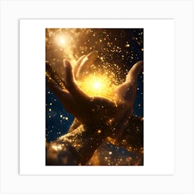 Two Hands Holding A Golden Light Art Print