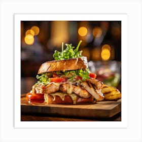 Chicken Sandwich On A Wooden Board Art Print