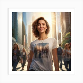 Confident Young Woman Smiling Radiantly Dressed In A Trendy T Shirt Stands At The Center Of A Bus (1) Art Print