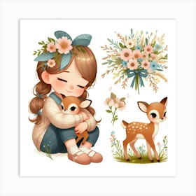 Cute Girl With Deer And Flowers Art Print