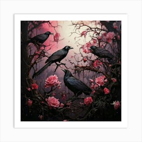 Firefly Dark, Atmospheric, Black Crows, Thorny Branches, Barren, Pink Roses, Striking Contrast, Goth Art Print