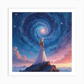 Lady Gaga In A Watercolor Of Swirling Stars, Standing On A Mountaintop 1 Art Print