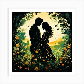 Couple In The Forest, Silhouettes Of Two People Hugging Surrounded By Elements Of Nature Flowers Trees Growing Art Print