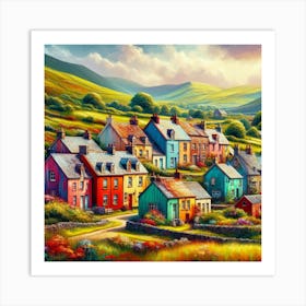 A colorful, whimsical painting of a village nestled in a valley, with hills. Art Print