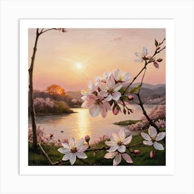 Dew-kissed Blooms and Fiery Skies Cherry Blossoms At Sunset Art Print