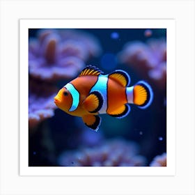 A Clownfish With Shimmering, Glowing Stripes, Swimming Through A Neon Coral Reef Art Print