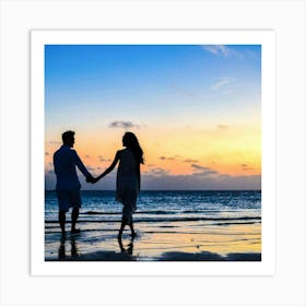 Couple Holding Hands At Sunset Art Print