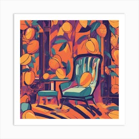 Drew Illustration Of Mango On Chair In Bright Colors, Vector Ilustracije, In The Style Of Dark Navy Art Print