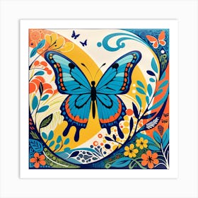 Block Print Butterfly Abstract in Blue I Art Print