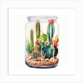Watercolor Colorful Cactus in a Glass Jar 1 Art Print