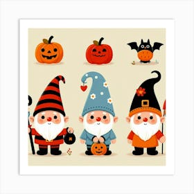 Halloween Gnomes And Pumpkins - Cute Vector style Illustration Art Print