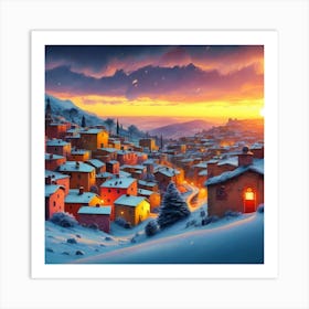 Winter Village At Sunset Art Print