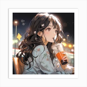 Anime Girl Drinking Coffee Art Print