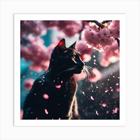 Black Cat, Raindrops and Pink Cherry Blossom Art Print