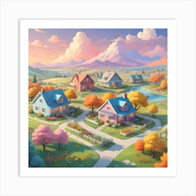 A Charming, Stylized Illustration Of A Small Town With Colorful Houses, Trees In Autumn Foliage, A Winding Road, And A Snow Capped Mountain In The Background Art Print