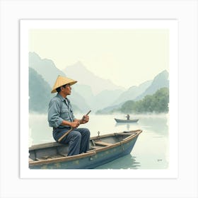 Portrait Of A Japanese Fisherman On A Boat, With Distant Mountains, Early Morning Mist, Watercolor Art Print