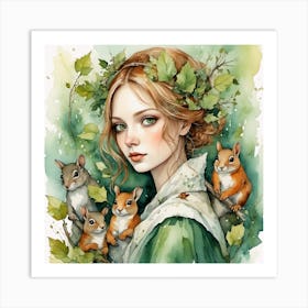 Fairy Girl With Squirrels Art Print