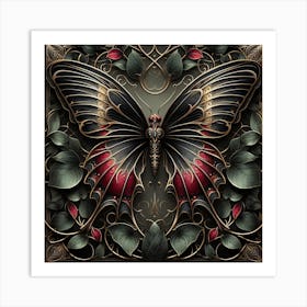 Metallic Gold Black & Red Butterfly Art Print