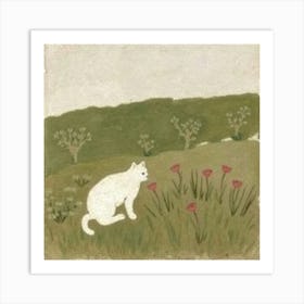 White Cat In A Field 1 Art Print