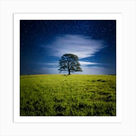 Firefly 8k, Top Quality, Live Action, Center, Night Sky, Darkness, Meadow, Plateau, Single Tree, Sea (3) Art Print