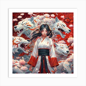 Samurai Girl wiyh whites wolfs Art Print