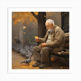 Old Man Feeding Pigeons Art Print