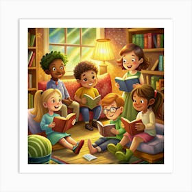 Children Reading Together In A Library Art Print