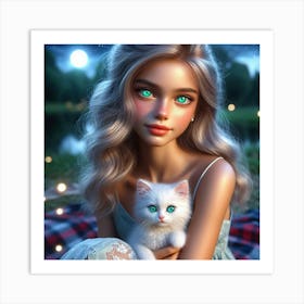 Beautiful Girl With Cat Art Print