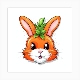 Cute Rabbit With Green Leaves Art Print