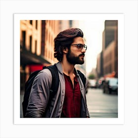 Man Black Hair Beard Red Brown Shirt Looking Away Black Backpack Glasses Metal Building (3) Art Print